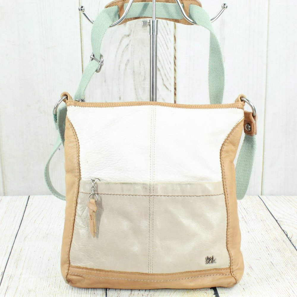 The Sak Women's Cream Tan Pebbled Leather Top Zip Messenger Crossbody Bag - Picture 2 of 13